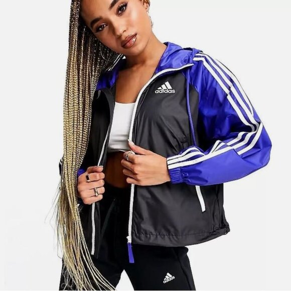 Adidas Women's Hooded Windbreaker Packable Jacket Sz XL Black Blue White Stripes - Picture 2 of 7